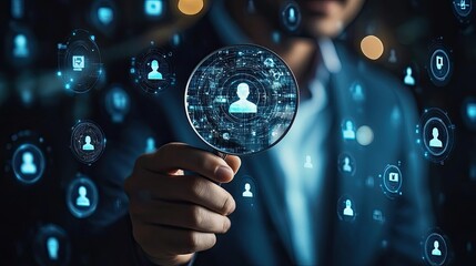 Using a magnifying glass, a businessman locates a human icon for online HRM, social media marketing, target group concepts, CRM systems, and human resources management. 