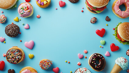 Colorful background with various fast food and sweets on the right side, flat lay.