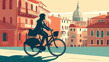Fototapeta premium Solo Traveler on Bicycle Through Cityscape