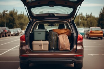 Car on parking lot with open trunk filled with luggage