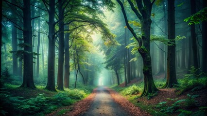 Obraz premium Dark and Moody Forest Pathway in Mist - Enchanting Nature Scene for Atmospheric Photography