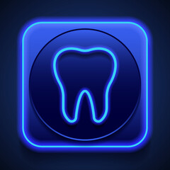 Tooth simple icon. Flat design. Blue neon style on button. With shadow