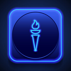 Torch simple icon. Flat design. Blue neon style on button. With shadow