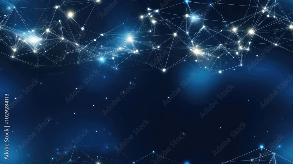 Poster this abstract dark blue background features a complex low-poly network of lines and dots, illustrati
