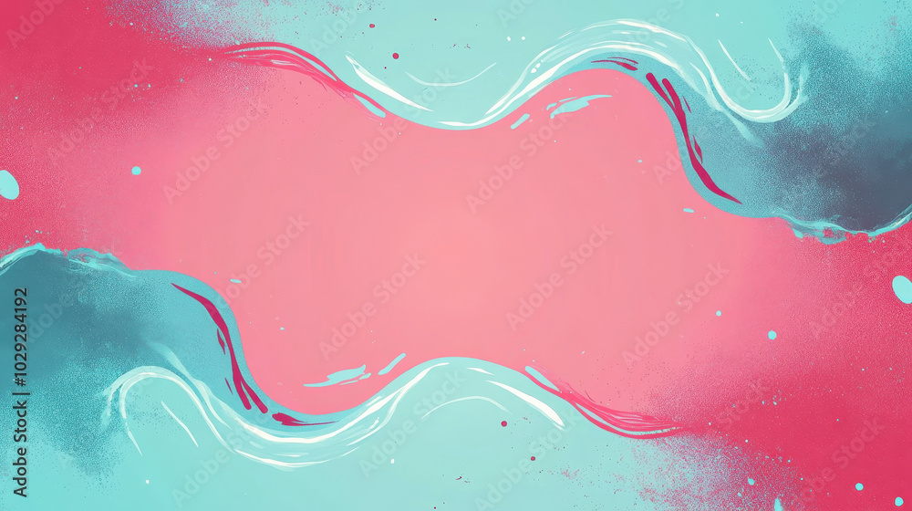 Wall mural Abstract pink and blue wave banner with soft splashes and central space.