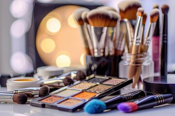 Makeup Brushes and Eyeshadow Palette with Bokeh Lights