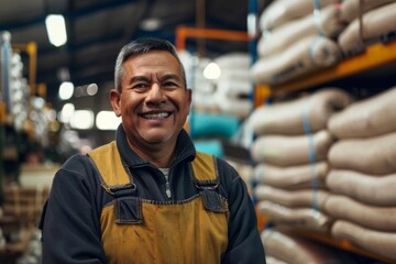 Obraz premium Portrait of a smiling Hispanic worker inside large furniture store