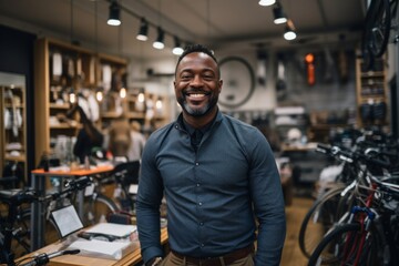 Fototapeta premium Portrait of a happy African American salesman in bicycle store