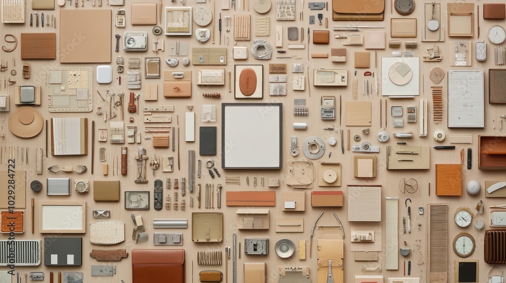 Poster collection of objects arranged on a wooden surface
