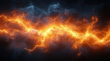 Fototapeta premium electric lightning bolts in shades of orange and yellow flash across a dark background creating an electrifying visual impact that captures the essence of power and energy