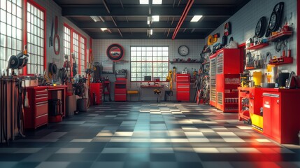 Realistic photo of inside of a red and white mechanic shop with no cars. vibrant colors. cinematic. 3D render. highly detailed, high resolution for magazine.