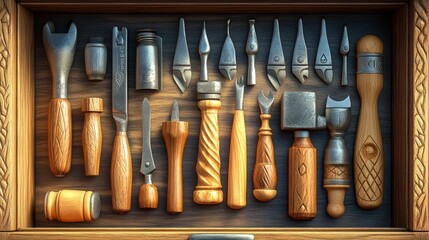 Vector Illustration of wood carving tools in small craft box in vibrant colors. 3D render. highly detailed, high resolution for magazine