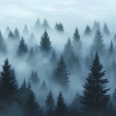 Fototapeta premium A serene misty forest landscape filled with evergreen trees, creating a tranquil atmosphere.