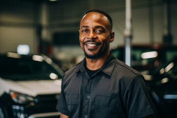 Obraz premium Portrait of a smiling middle aged African American car mechanic