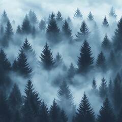 Obraz premium A misty forest landscape with tall evergreen trees shrouded in fog.