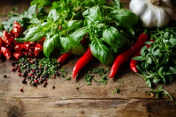 Fresh herbs and colorful spices on a rustic wooden table. A vibrant display of culinary ingredients. Perfect for food photography and recipe inspirations. Generative AI