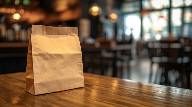 Brown Paper Bag on Wooden Table in Restaurant Interior
