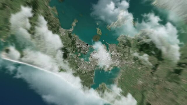 Zooming on Auckland, New Zealand. Earth zoom in from outer space to city. The animation continues by zoom out through clouds and atmosphere into space. View of the Earth at night. Images from NASA. 4K