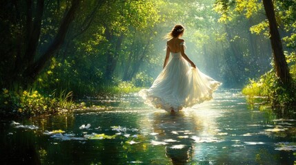 A woman in a white dress is walking through a forest by a river