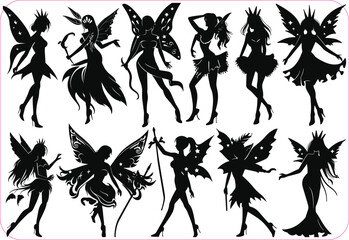 Fairy silhouette collections, Set of fairy silhouettes, Magical fairies silhouettes, Fairy magic silhouettes set, Fairy vector illustration