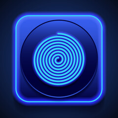 Spiral simple icon. Flat design. Blue neon style on button. With shadow