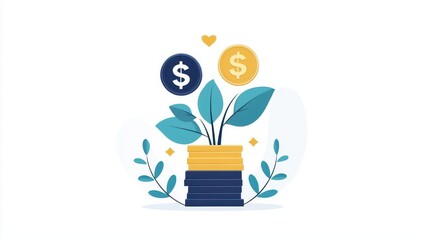 Stylized plant growing in a pot with currency symbols, white isolate background.