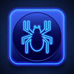 Spider simple icon. Flat design. Blue neon style on button. With shadow