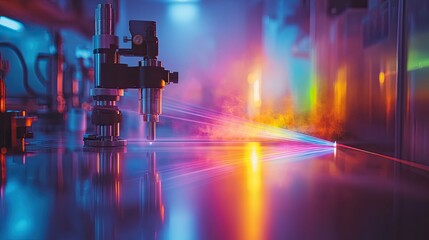 A dark laboratory setting can be seen in the background as a close-up of a laser beam splitting into a spectrum of colors after passing through a prism.