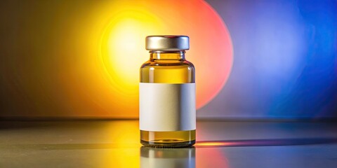 Naklejka premium Small amber bottle glowing in a colorful spotlight.