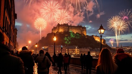 Fireworks display over Edinburgh Castle during Hogmanay celebrations, festive atmosphere, night sky