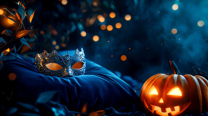 Naklejka premium Glimmering masquerade mask and glowing pumpkin in a mystical dark forest, evoking enchanting Halloween atmosphere with bokeh lights.