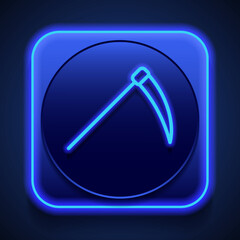 Scythe simple icon. Flat design. Blue neon style on button. With shadow