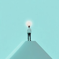 Obraz premium Businessman on bulb in light backdrop with mock up area.