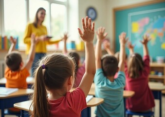 Engaged Students in a Classroom, Actively Raising Hands to Participate in Learning: A Scene of Education Encouraging Academic Enthusiasm