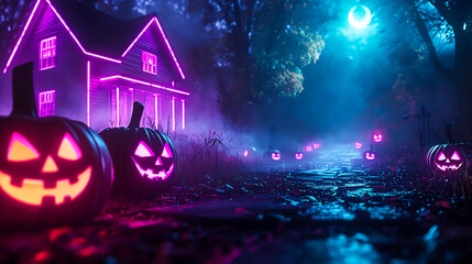 Spooky Halloween scene with glowing jack-o'-lanterns and neon-lit house under moonlight, creating eerie ambiance in foggy forest path.