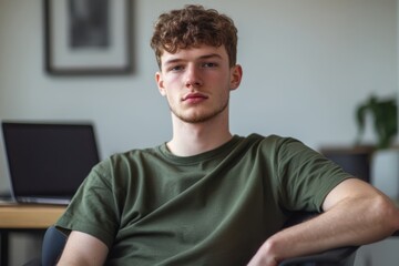 Obraz premium A young man sits thoughtfully in a modern room. His casual style reflects comfort and ease. Here is a glimpse into a relaxed moment. Generative AI
