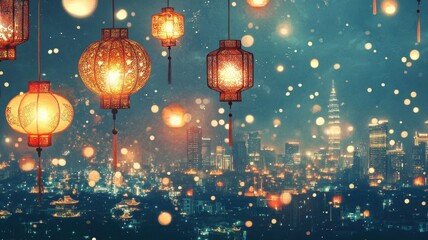 Obraz premium Intricately designed lanterns cast a warm glow over a modern city skyline, creating a magical New Year’s scene in the evening sky.