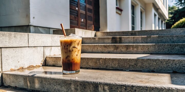 Iced latte on steps with a striped straw.