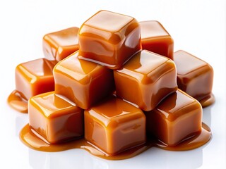 Delicious Stack of Caramel Candy Cubes with Drizzling Caramel Sauce on White Background