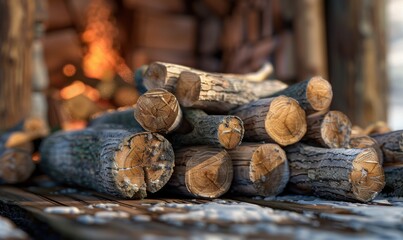 Stack of firewood by the fireplace, 4K hyperrealistic photo