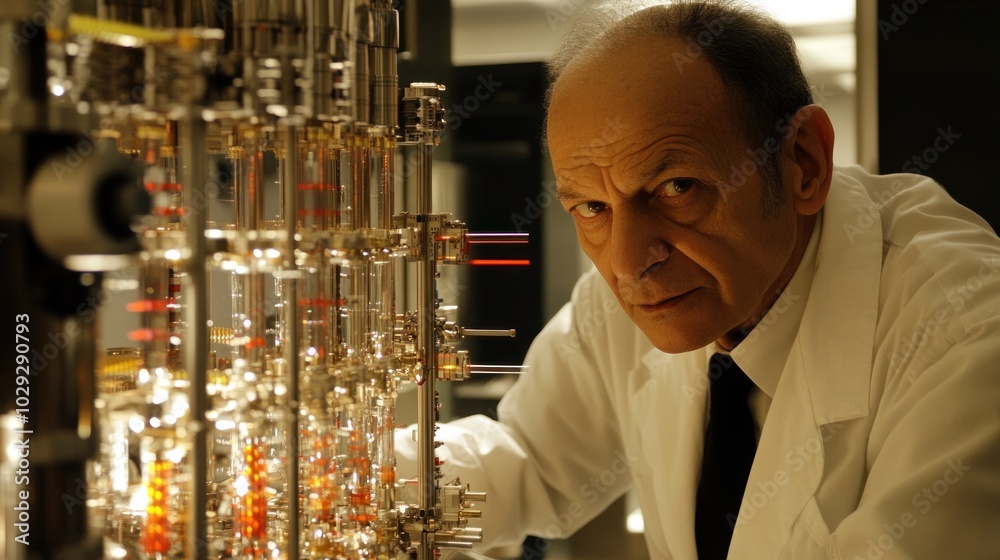 Poster close-up of a man in a lab coat looking at complex machinery