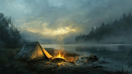 A Campsite with a Tent, Fire, and Foggy Mountains in the Distance