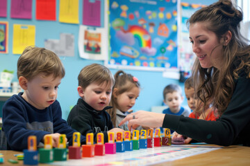 Preschool Counting Lesson with Teacher and Kids Using Colorful Counters