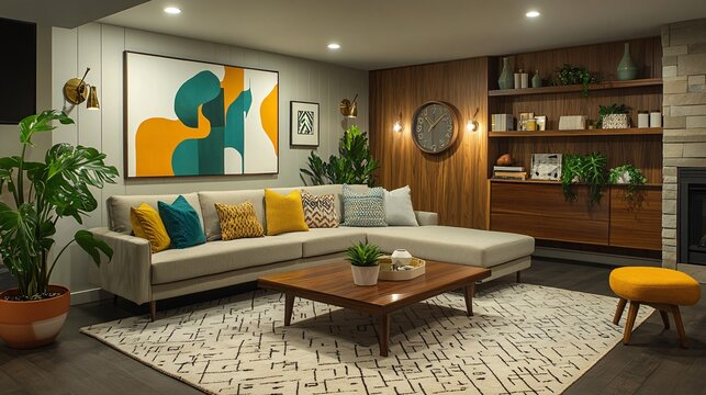 02 mid-century modern style, basement living room, low-profile furniture, neutral color palette with pops of mustard yellow and teal, large sectional sofa with velvet upholstery, vintage coffee table