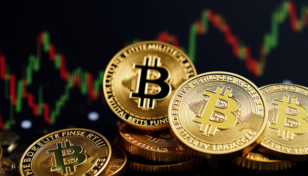 Imagen de monedas de Bitcoin doradas en primer plano, con gr&aacute;ficos de inversi&oacute;n digital de fondo, ideal para temas de criptomonedas y econom&iacute;a digital.
