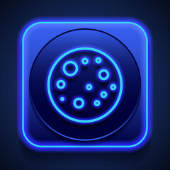 Moon simple icon. Flat design. Blue neon style on button. With shadow