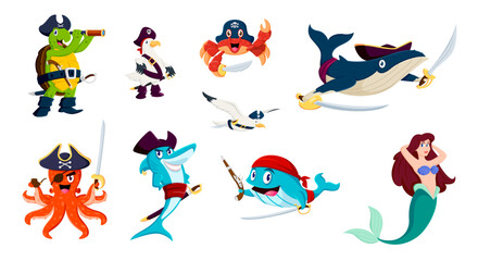 Naklejka premium Cartoon sea pirate animals and mermaid characters, Caribbean corsair and captains, vector personages. Sea pirate animals, whale in tricorne hat, octopus filibuster with sword and cute mermaid