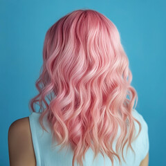 Naklejka premium A back view of wavy pastel pink hair flowing over the shoulders, set against a vibrant blue background, creating a stylish and colorful look