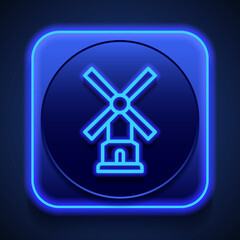 Mill simple icon. Flat design. Blue neon style on button. With shadow