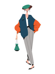 Modern fashion woman wearing stylish clothes. Smiling fashionable woman in pants and an oversize jacket. Trendy autumn or spring outfit. Flat vector illustration isolated on a white background.